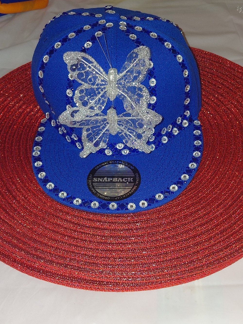 Blue Butterfly Rhinestone Snapback Hat